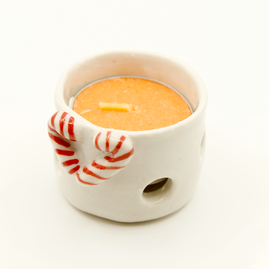 Ceramic Christmas Tea Light Holder - Red Candy Cane