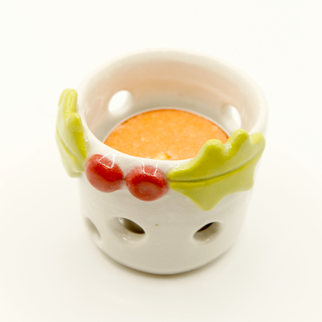 Ceramic Christmas Tea Light Holder - Holly C