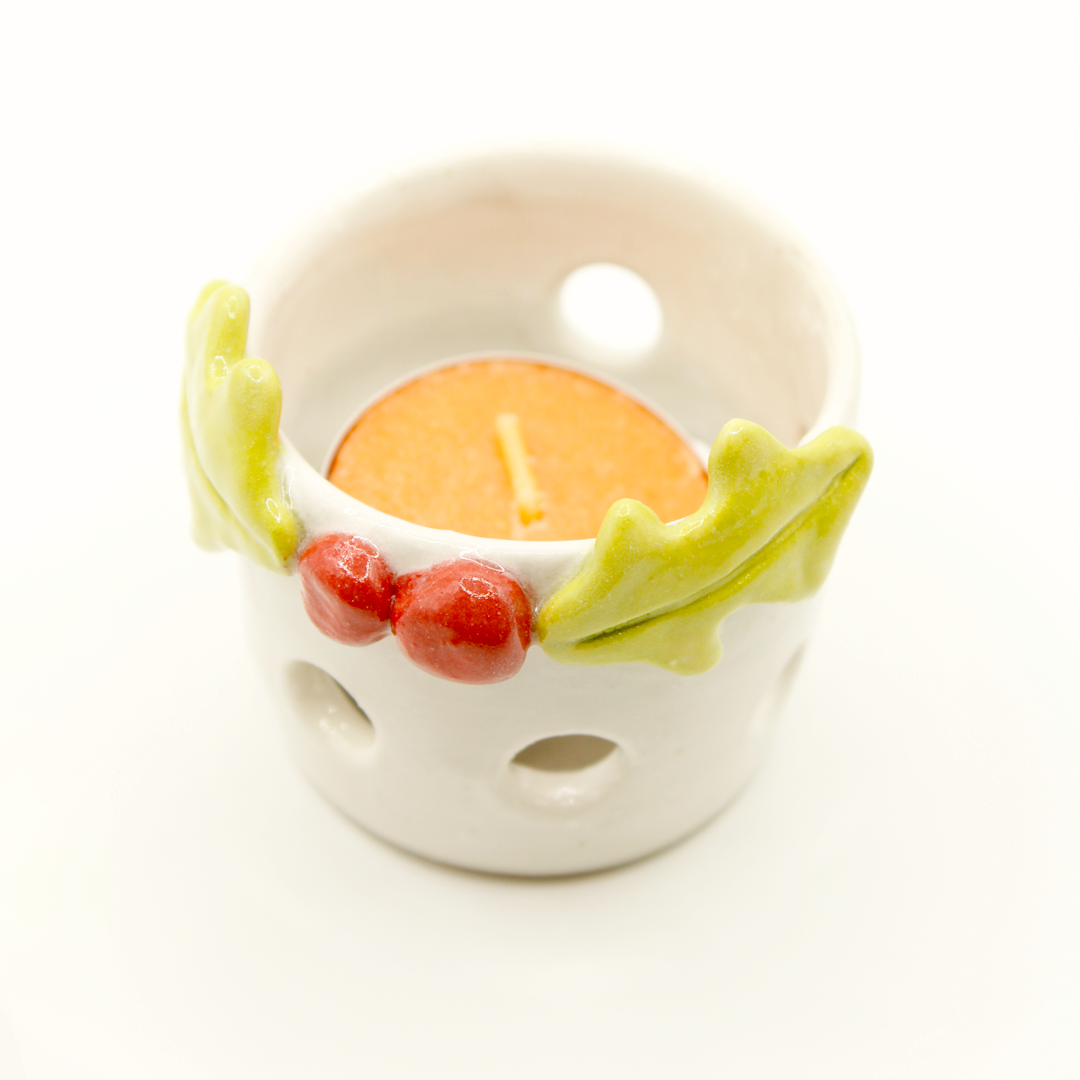 Ceramic Christmas Tea Light Holder - Holly D