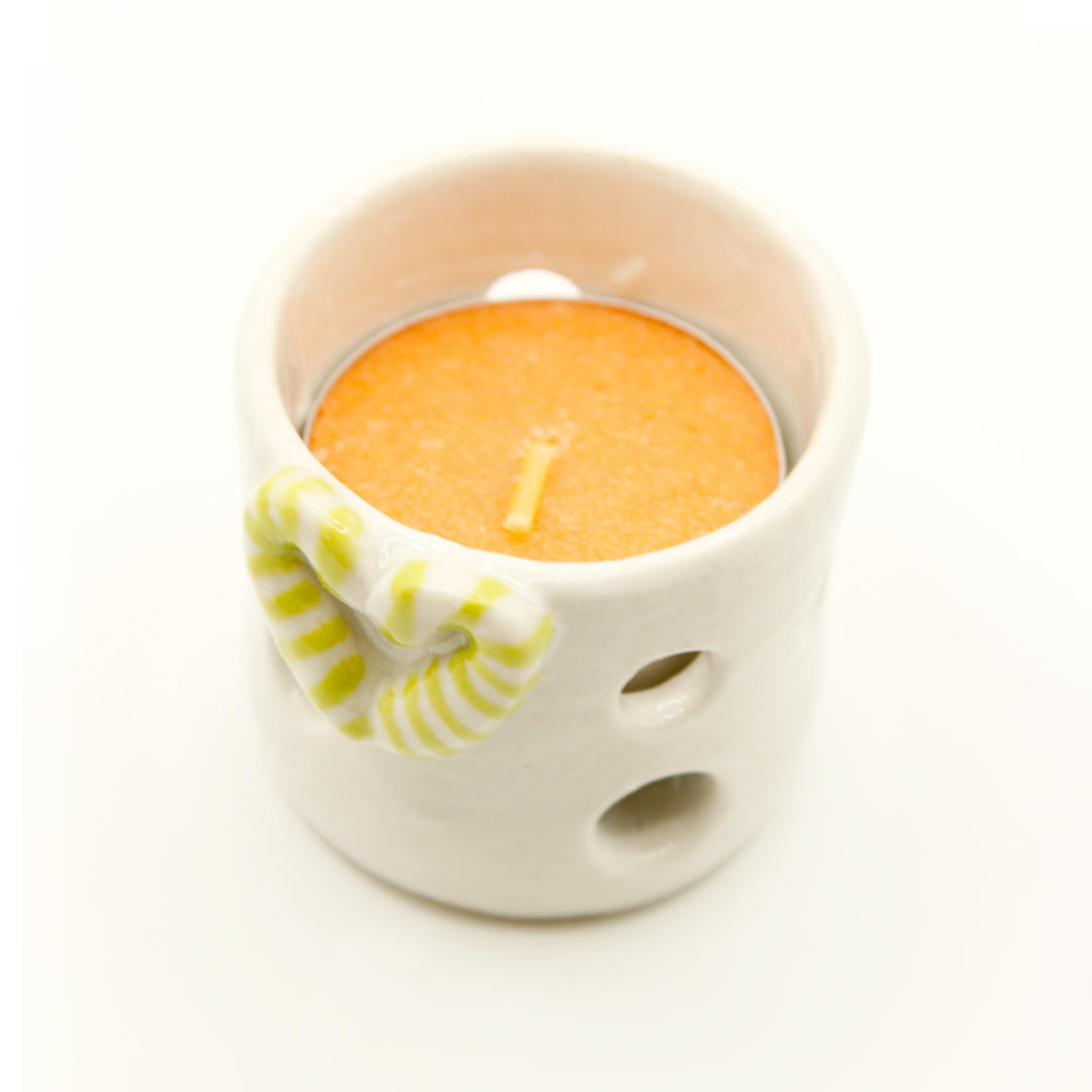 Ceramic Christmas Tea Light Holder - Green Candy Cane