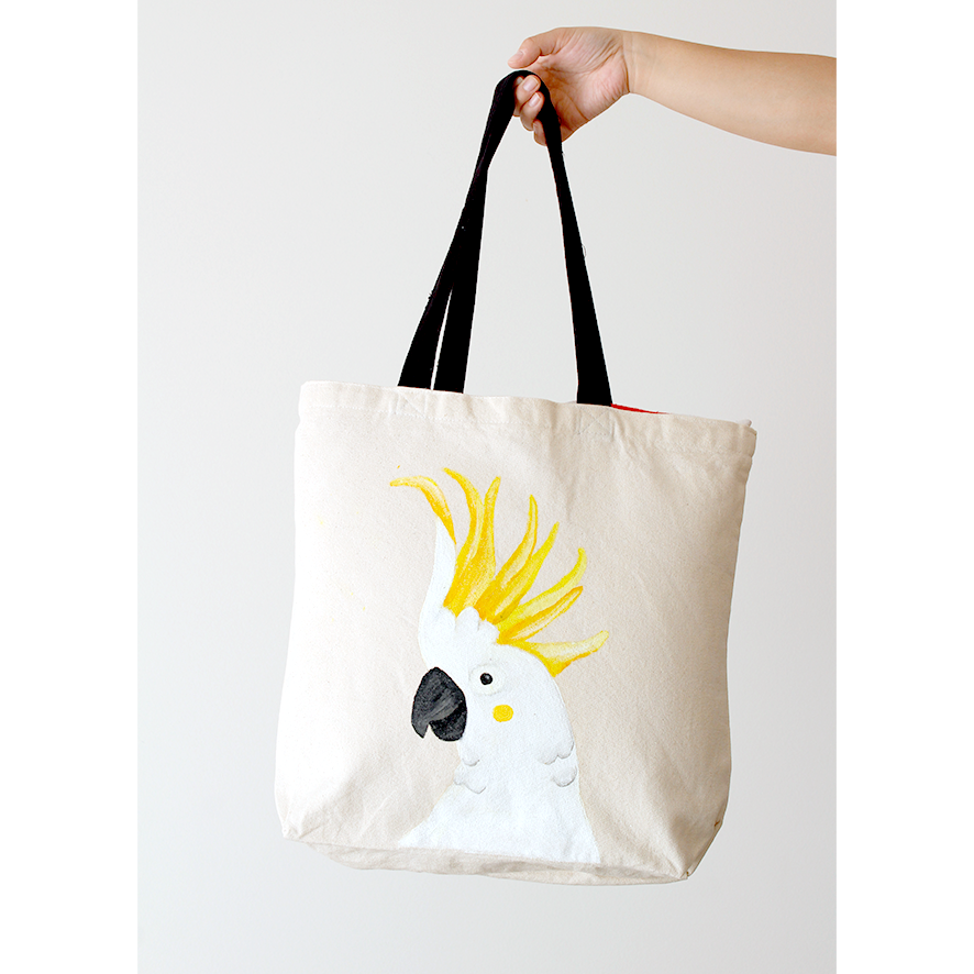 Hand-painted cockatoo portrait hand-painted on a natural beige canvas bag