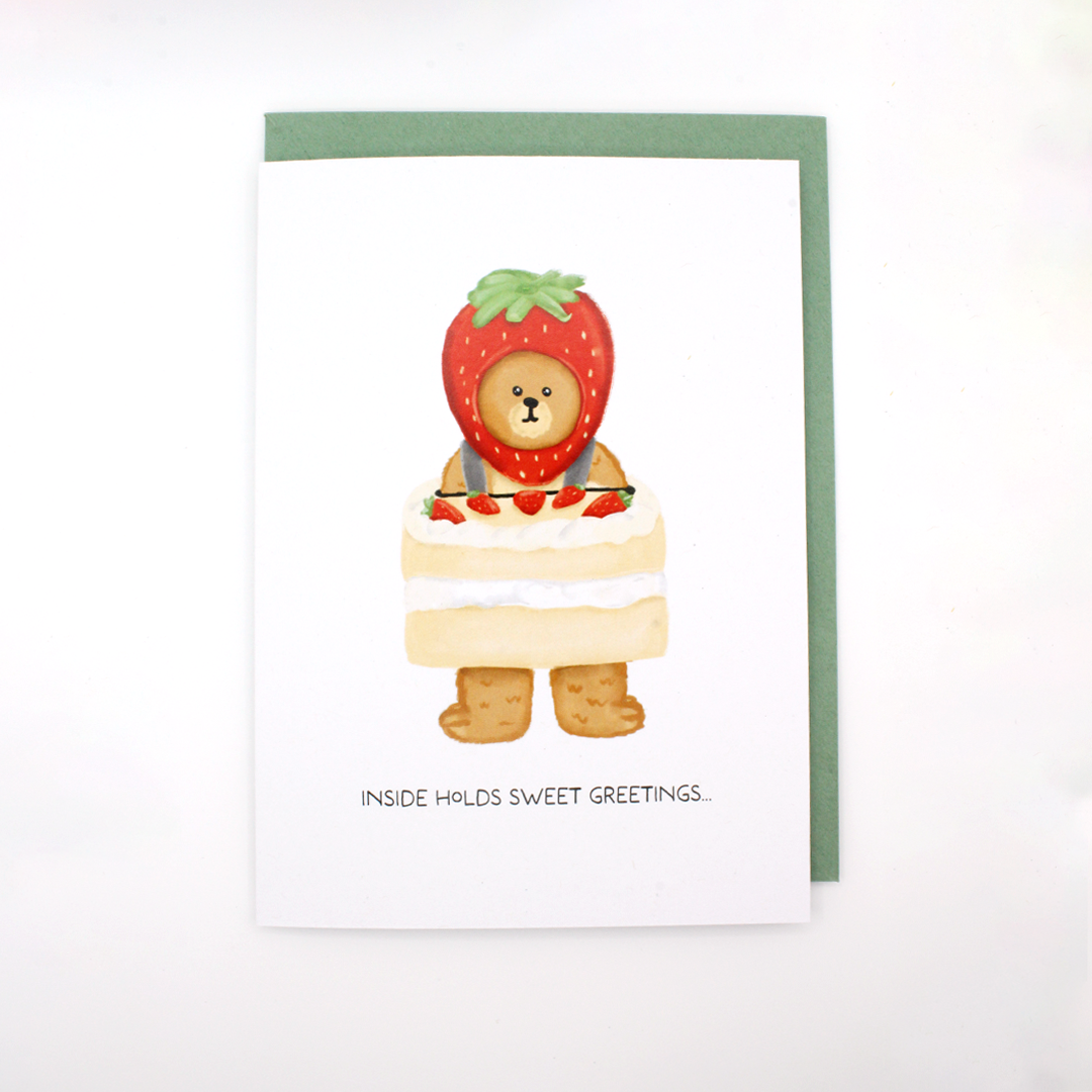 Bear In Strawberry Cake Costume Greeting Card