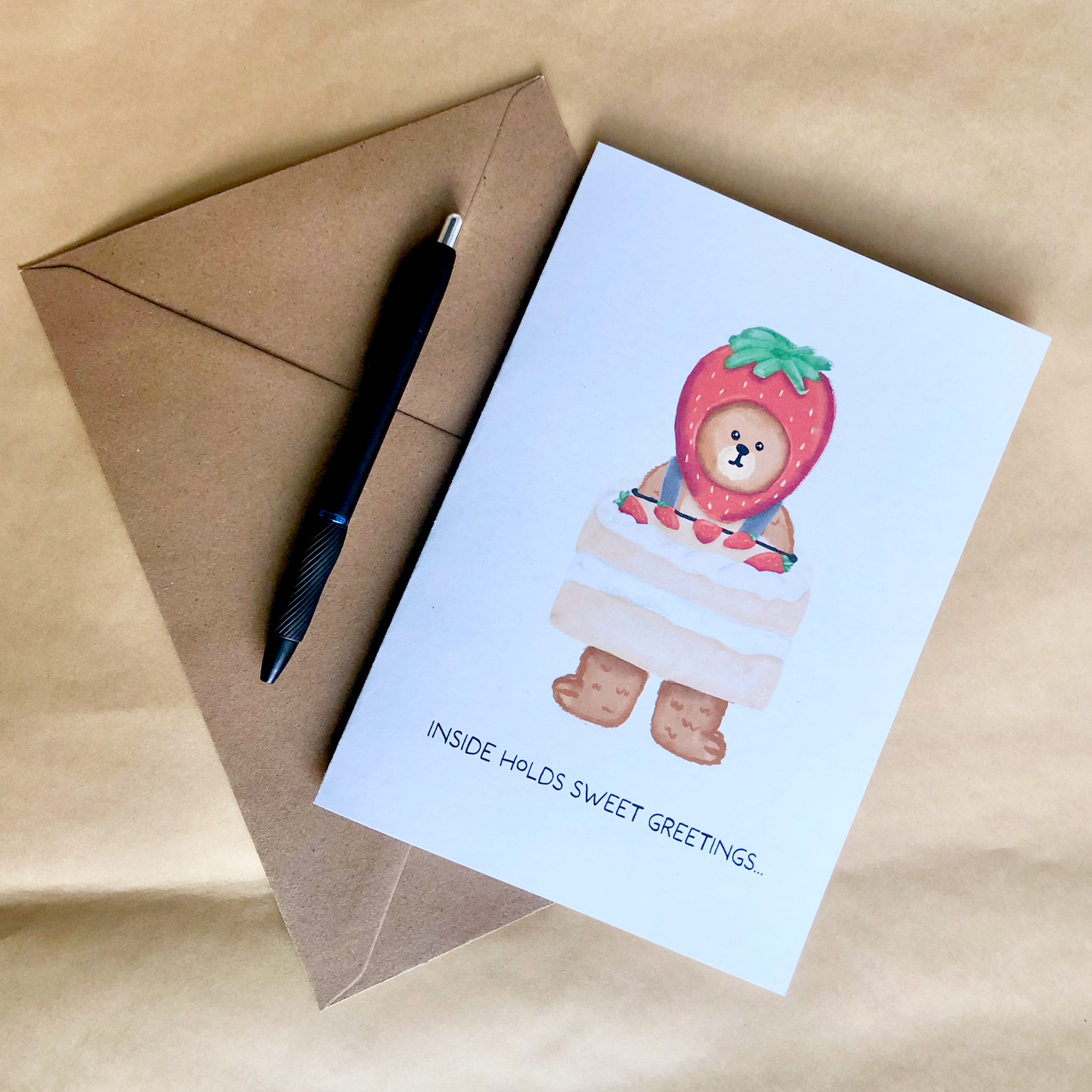 Bear In Strawberry Cake Costume Greeting Card