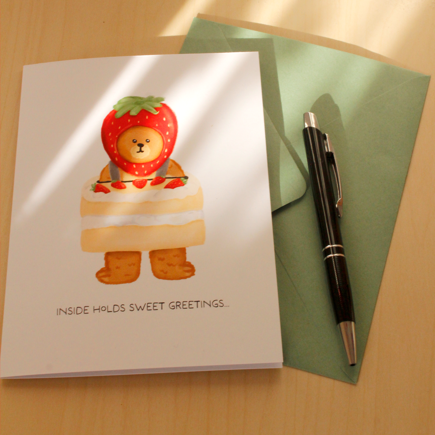 Bear In Strawberry Cake Costume Greeting Card