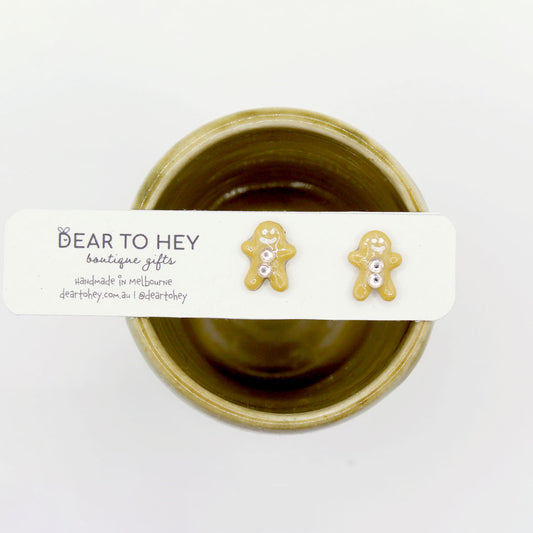 Gingerbread Man Glossy Stud Earrings - Mei