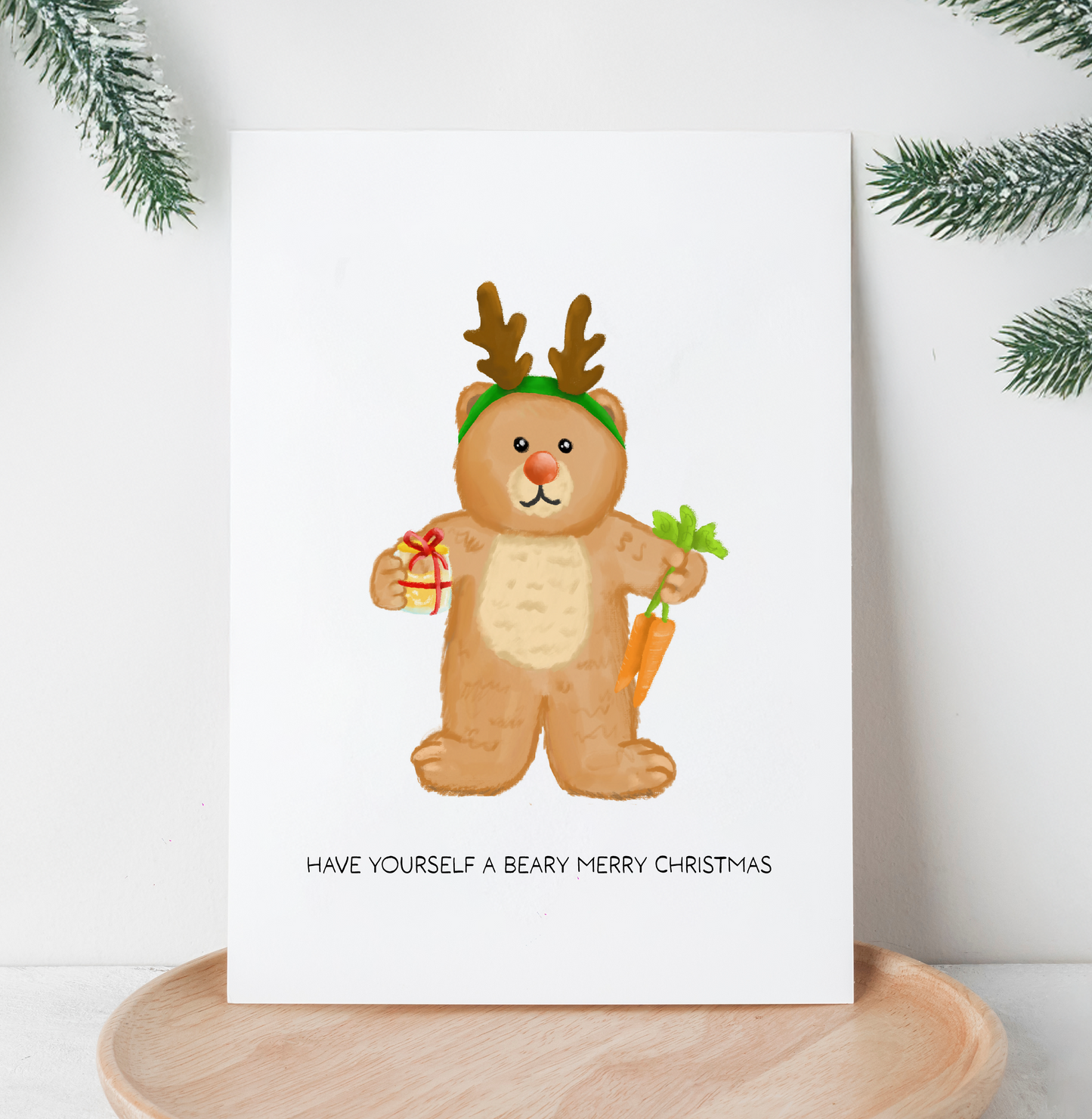 Bear in Reindeer Costume Cute Christmas/Holiday Card